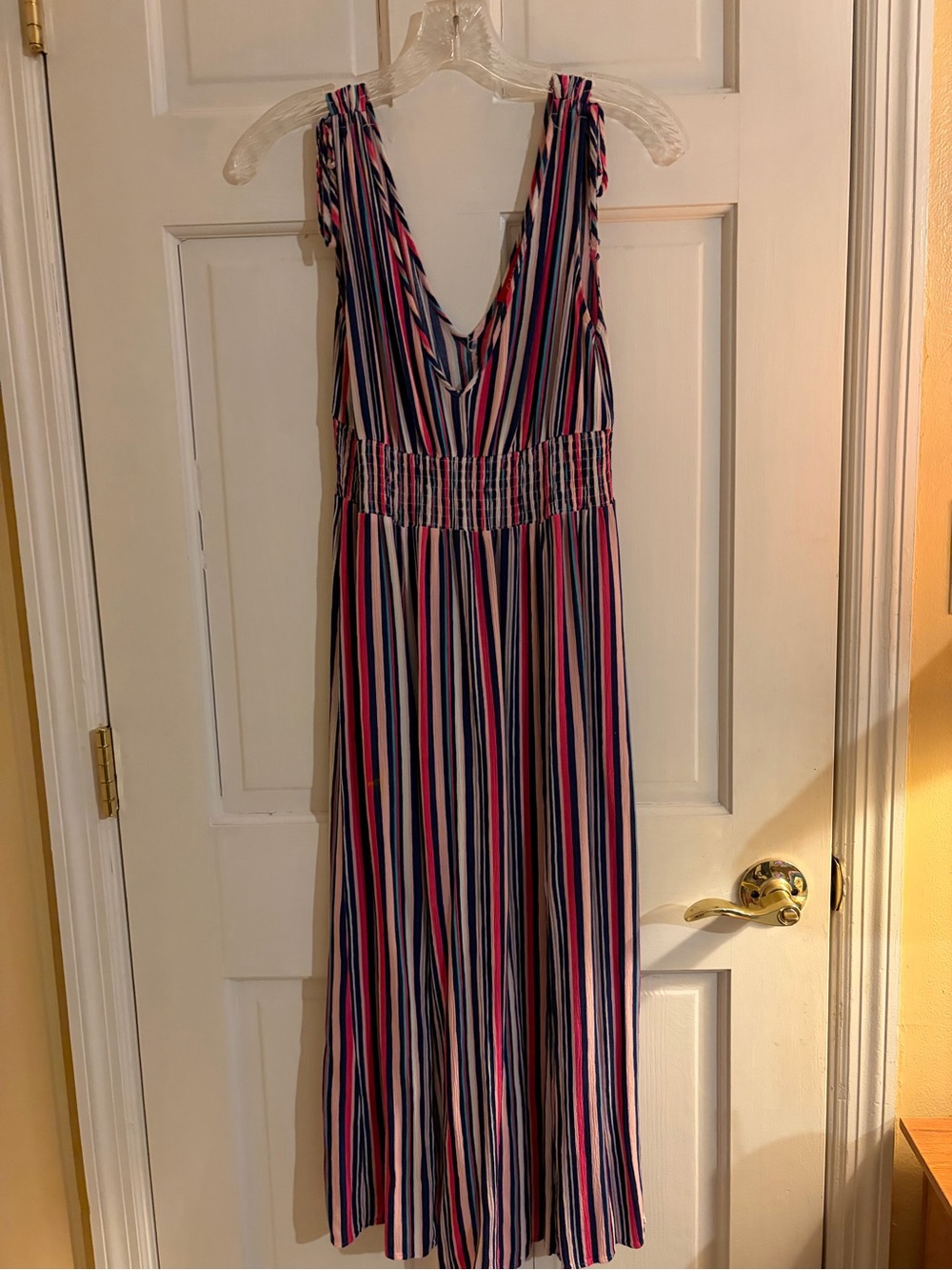 Guess Sleeveless Striped Maxi Dress in Navy, Pink and White